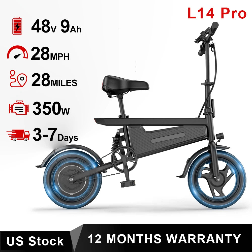 14'' Foldable Ebike 350W Brushless Motor 48V 9Ah Battery Electric Bicycle 22MPH Max Speed 28Miles Long Range for Adult