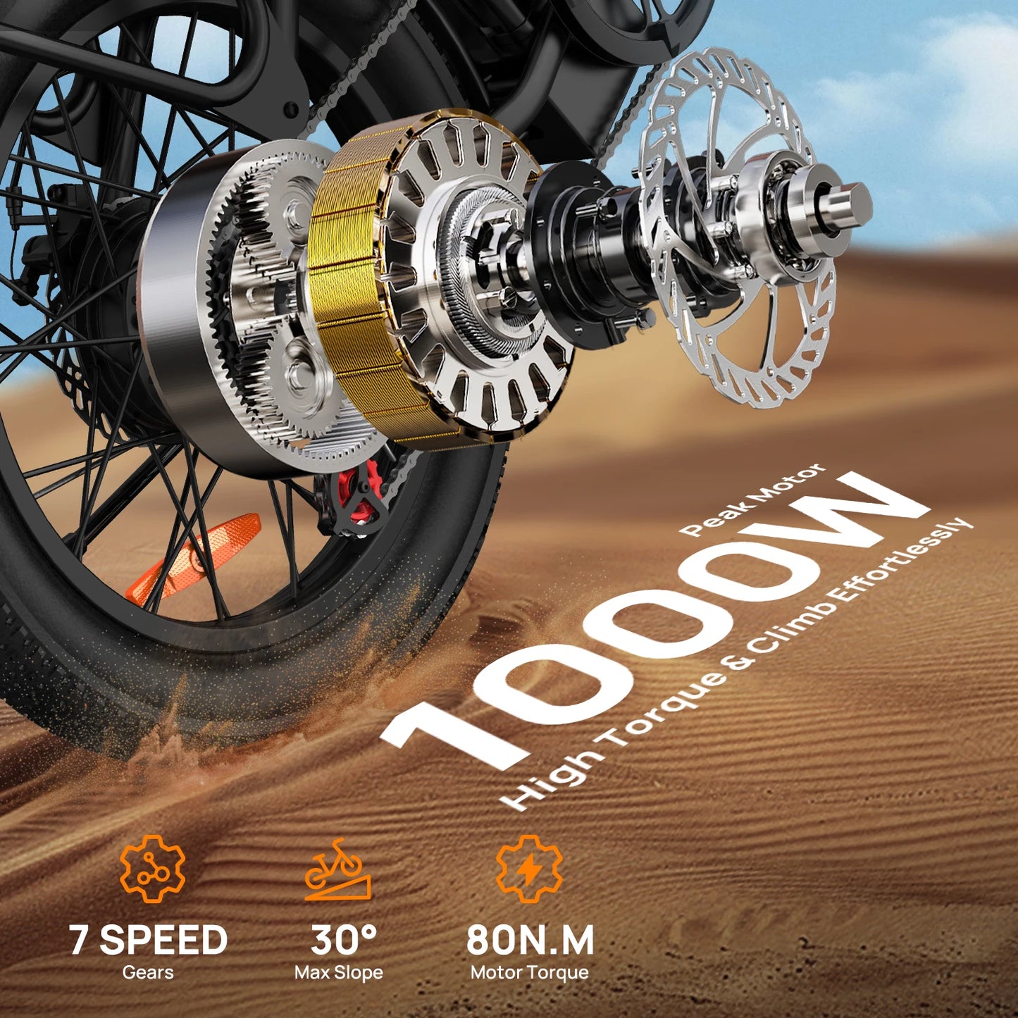 1000W 20x3" Fat Tire Electric Bike 48V 13Ah Removable Battery 28MPH 7-Speed Gears Dual Disc Brakes Adult Moped for Off-Road City