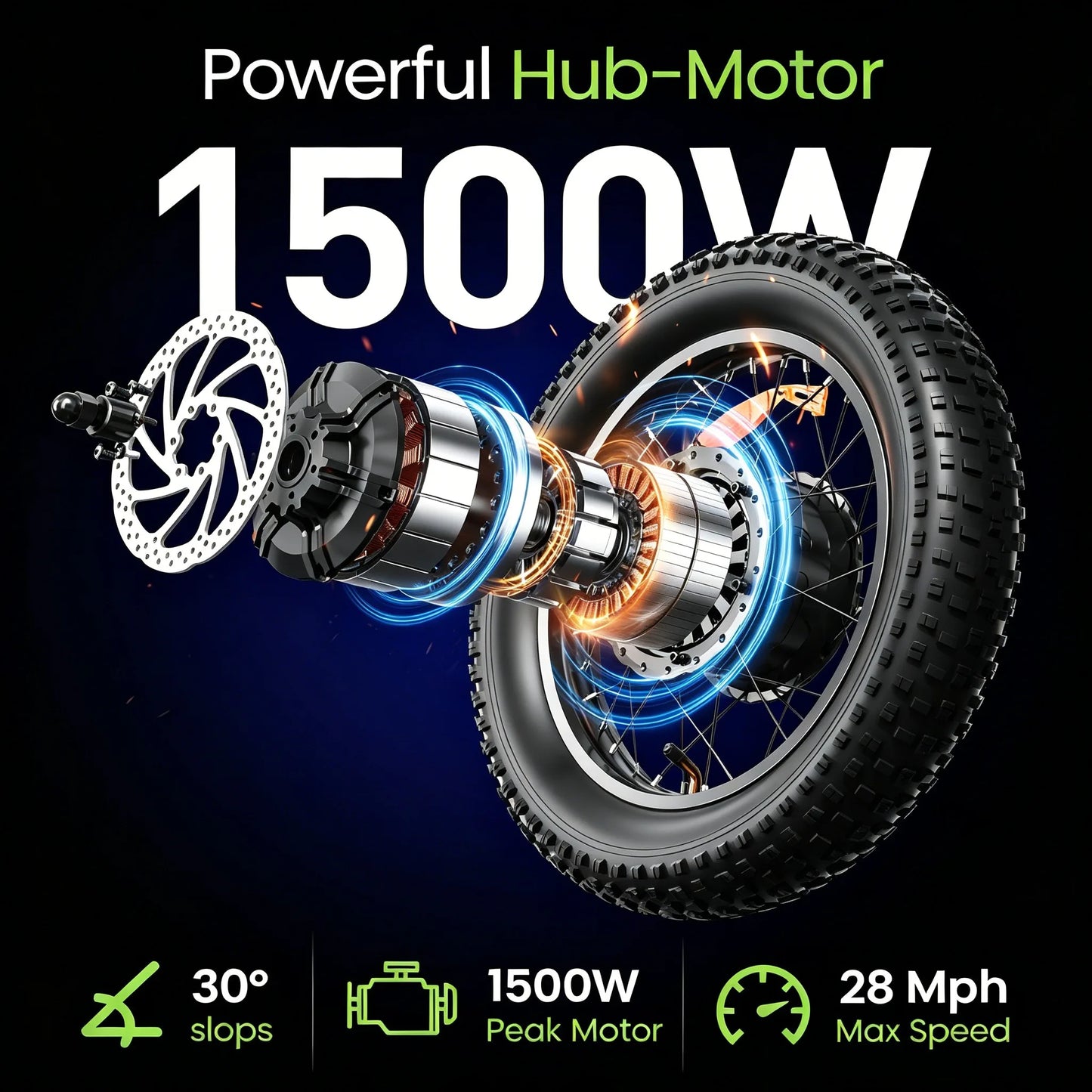 Spacewalk  16" Electric Bike for Adults/Teens, Peak 1500W & 65 Miles Long Range, 48V 15.6Ah Battery, Up to 28Mph, Full Suspension Fat Tire All-Terrain EBike on Mountains,Snow,Sand