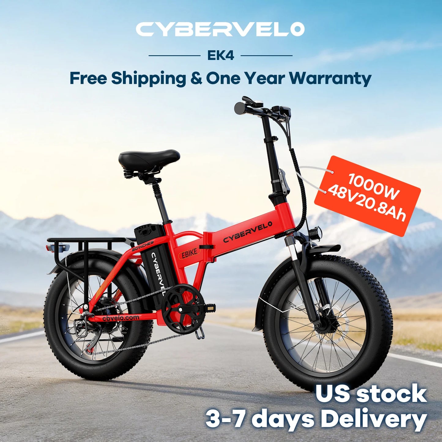 1000W Electric Bike for Adults Cybervelo EK4 Folding 48V 20.8Ah/50Ah 30+MPH 80Miles 20" Fat Tire 7-Speed Off Road E-bike