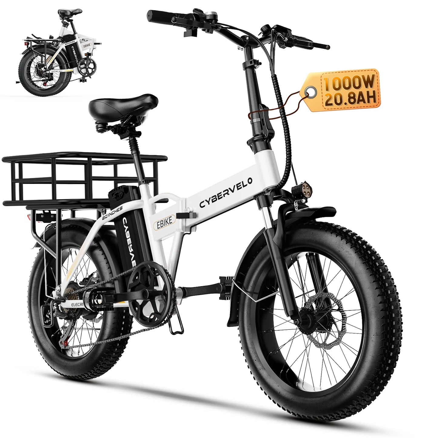 1000W Electric Bike for Adults Cybervelo EK4 Folding 48V 20.8Ah/50Ah 30+MPH 80Miles 20" Fat Tire 7-Speed Off Road E-bike