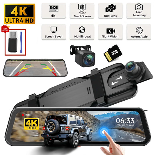 10"IPS Touch Screen Mirror Dash Cam Front and Rear, 4K Dual Recording, AHD Backup Camera, Night Vision, G-Sensor. Limited Time