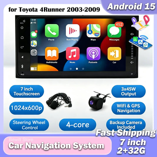 7In 2DIN Universal Vehicle Android 15 Car Stereo Radio 2+32G For Toyota 4Runner 2003-2009 Multimedia Player GPS Navigation With Carplay Android Auto Bluetooth AHD Camera