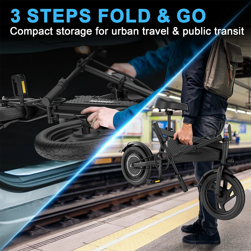 14'' Foldable Ebike 350W Brushless Motor 48V 9Ah Battery Electric Bicycle 22MPH Max Speed 28Miles Long Range for Adult