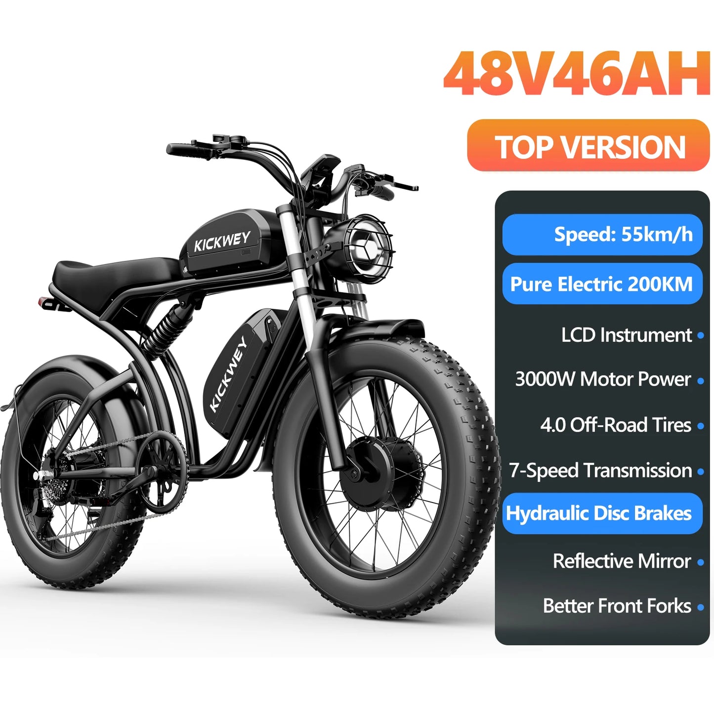 KICKWEY K7 Electric Bike, 3000W Off-Road Electric Bicycle, Full Suspension E-Bike, 20" Fat Tire All-Terrain Electric Dirt Bike