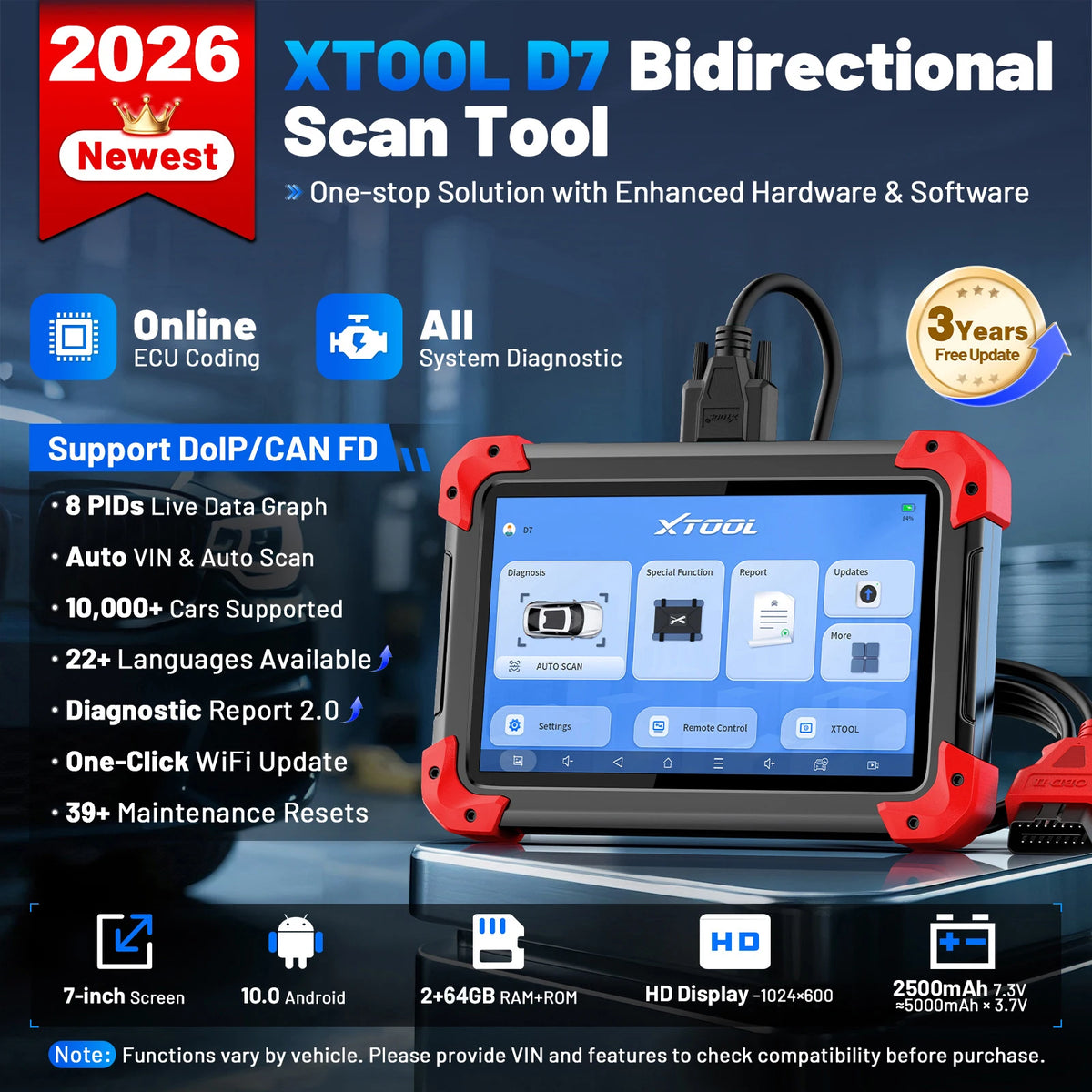 XTOOL D7 V2.0 OBD2 Scanner All System Car Diagnostic Tool Bi-directional Automotive Tool ECU Coding with 39+ Service Function