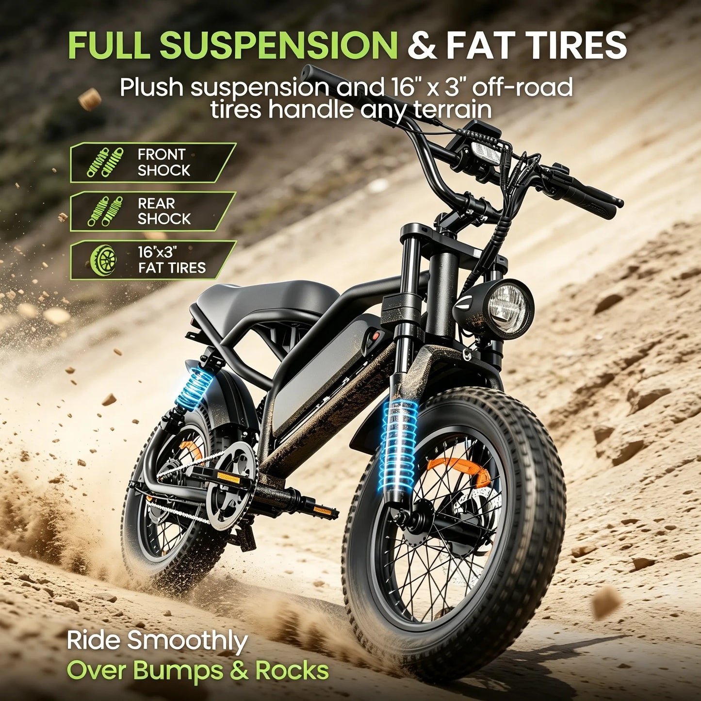 Spacewalk  16" Electric Bike for Adults/Teens, Peak 1500W & 65 Miles Long Range, 48V 15.6Ah Battery, Up to 28Mph, Full Suspension Fat Tire All-Terrain EBike on Mountains,Snow,Sand