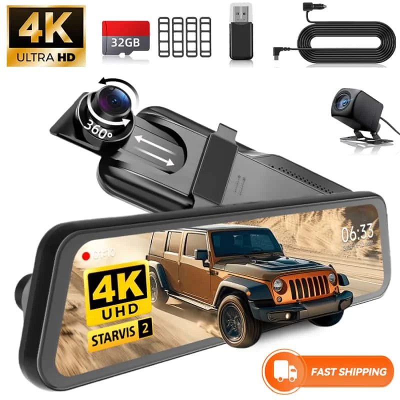 10"IPS Touch Screen Mirror Dash Cam Front and Rear, 4K Dual Recording, AHD Backup Camera, Night Vision, G-Sensor. Limited Time