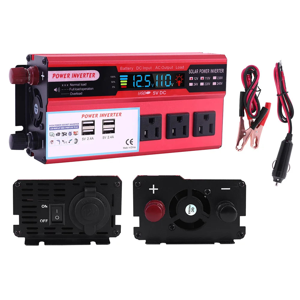 5000W Car Power Inverter Pure Sine Wave Solar 60Hz Converter LCD Screen Display DC 12V To AC 220V Portable Power Supply