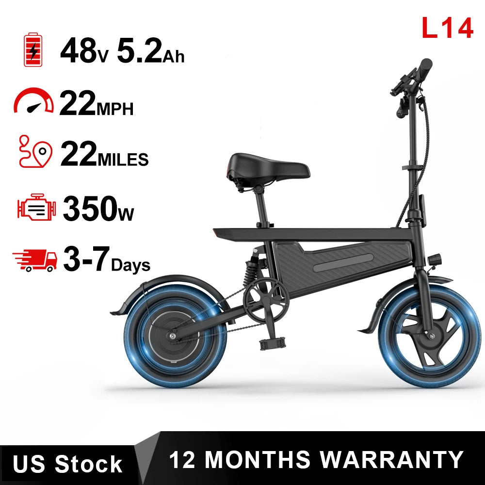 14'' Foldable Ebike 350W Brushless Motor 48V 9Ah Battery Electric Bicycle 22MPH Max Speed 28Miles Long Range for Adult