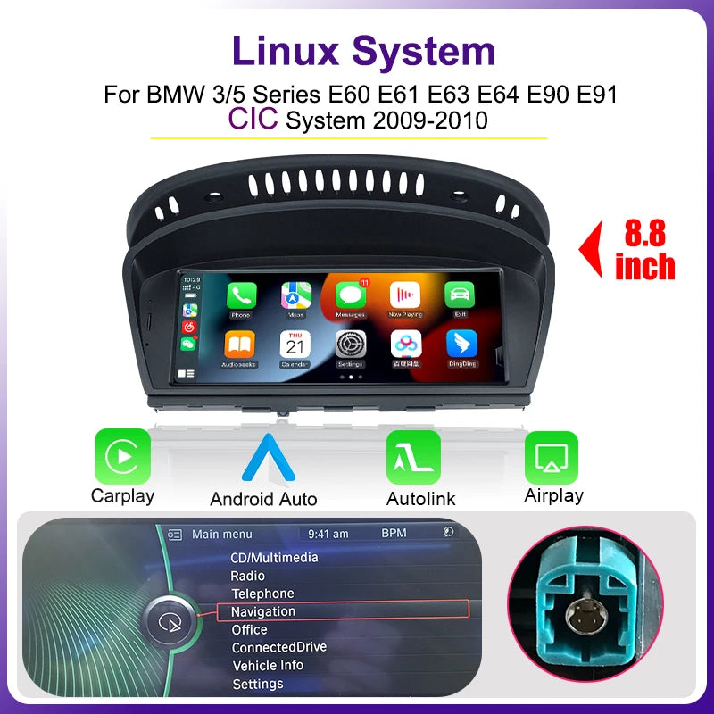 AUTOTOP 8.8" Wireless CarPlay Android Auto Car Multimedia Display for BMW 3 Series E90 E91 E92 E93 5 Series E60 E61 Touch Screen
