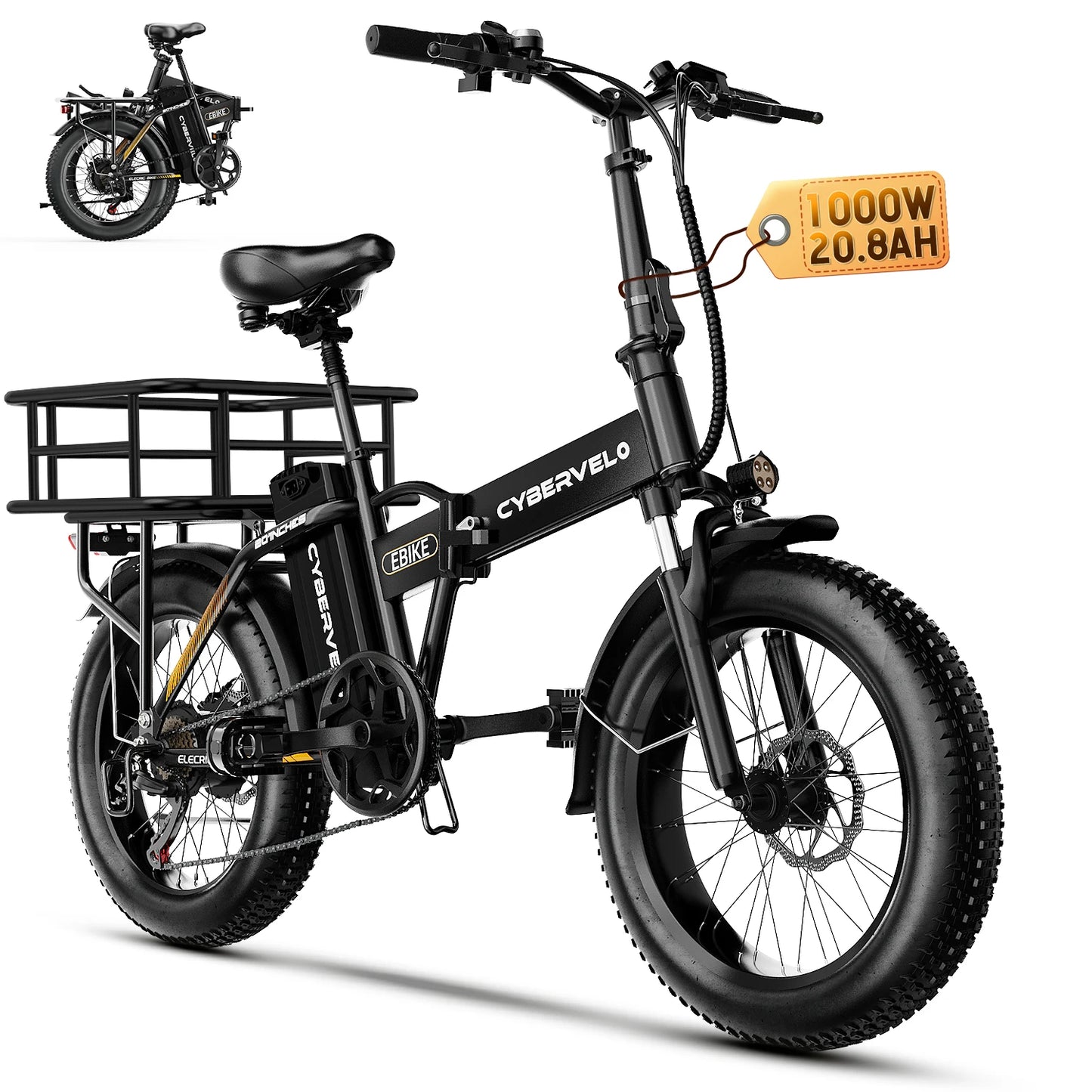 1000W Electric Bike for Adults Cybervelo EK4 Folding 48V 20.8Ah/50Ah 30+MPH 80Miles 20" Fat Tire 7-Speed Off Road E-bike