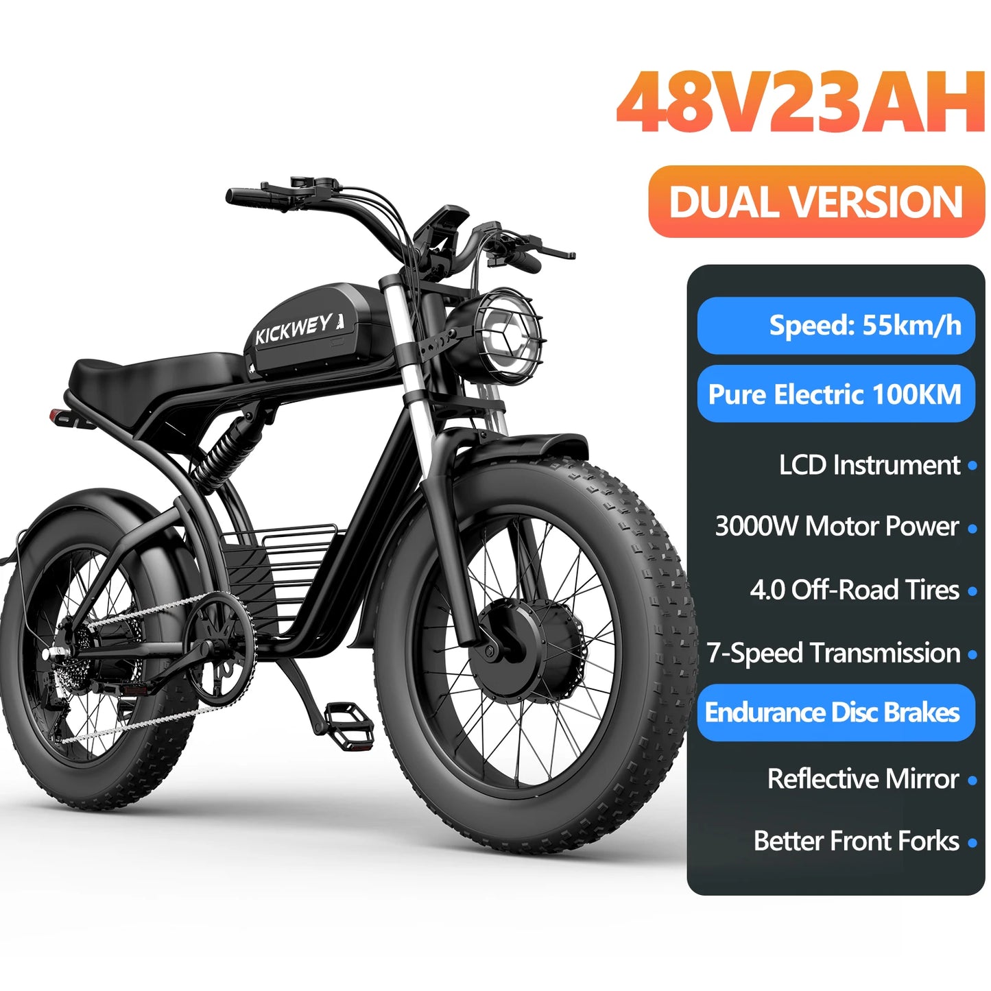 KICKWEY K7 Electric Bike, 3000W Off-Road Electric Bicycle, Full Suspension E-Bike, 20" Fat Tire All-Terrain Electric Dirt Bike