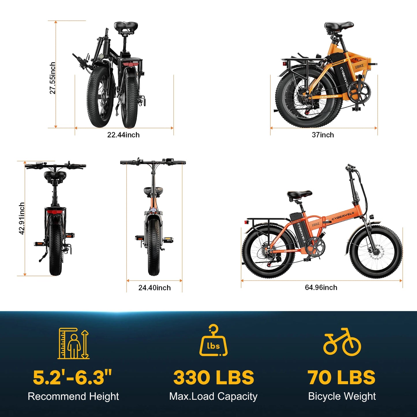 1000W Electric Bike for Adults Cybervelo EK4 Folding 48V 20.8Ah/50Ah 30+MPH 80Miles 20" Fat Tire 7-Speed Off Road E-bike