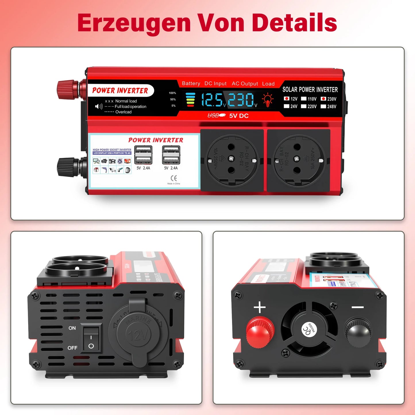 5000W Car Power Inverter Pure Sine Wave Solar 60Hz Converter LCD Screen Display DC 12V To AC 220V Portable Power Supply
