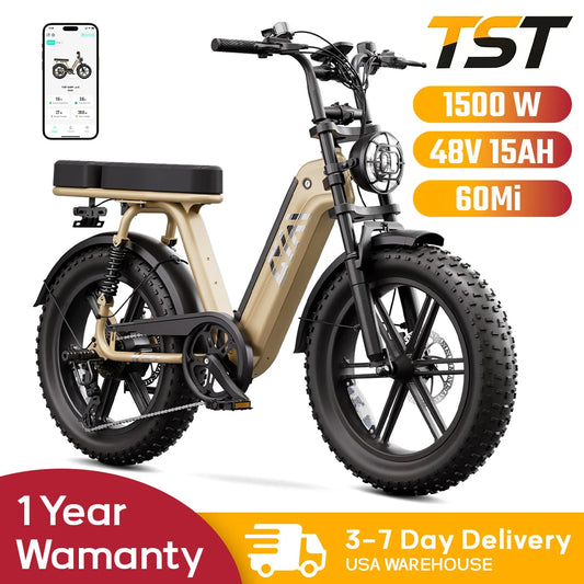 TST R00C 1500W Electric Bike, 48V 15Ah, 28 MPH, 50-60 Miles Range, 20" Fat Tires, Rear Seat