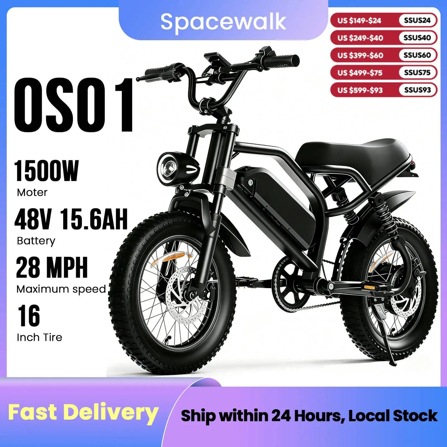 Spacewalk  16" Electric Bike for Adults/Teens, Peak 1500W & 65 Miles Long Range, 48V 15.6Ah Battery, Up to 28Mph, Full Suspension Fat Tire All-Terrain EBike on Mountains,Snow,Sand