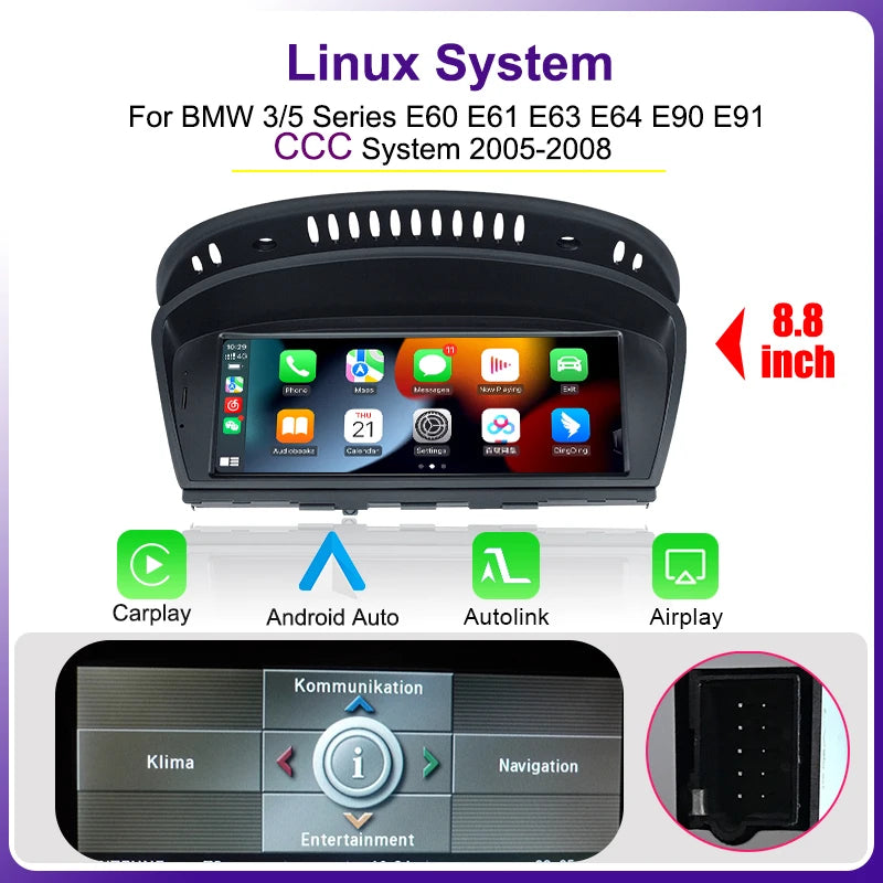 AUTOTOP 8.8" Wireless CarPlay Android Auto Car Multimedia Display for BMW 3 Series E90 E91 E92 E93 5 Series E60 E61 Touch Screen