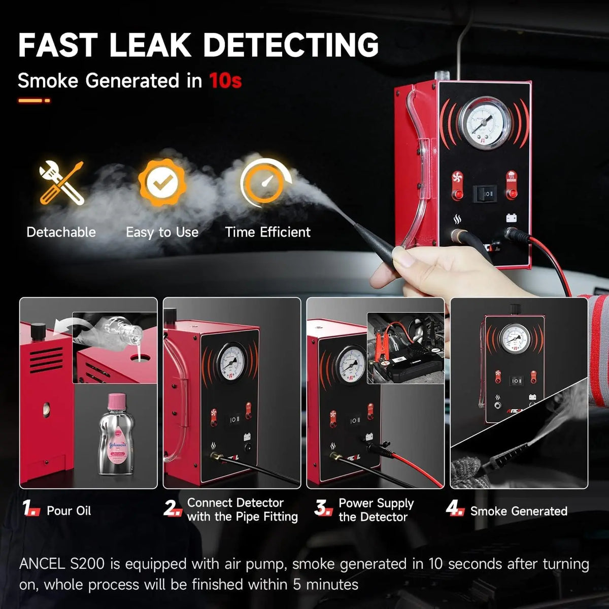 ANCEL S200 EVAP Smoke Leak Detector for Car Motorcycle Smoke Machine Diagnostic Tool Vacuum Tester Oil Fuel Pipe Leakage Locator
