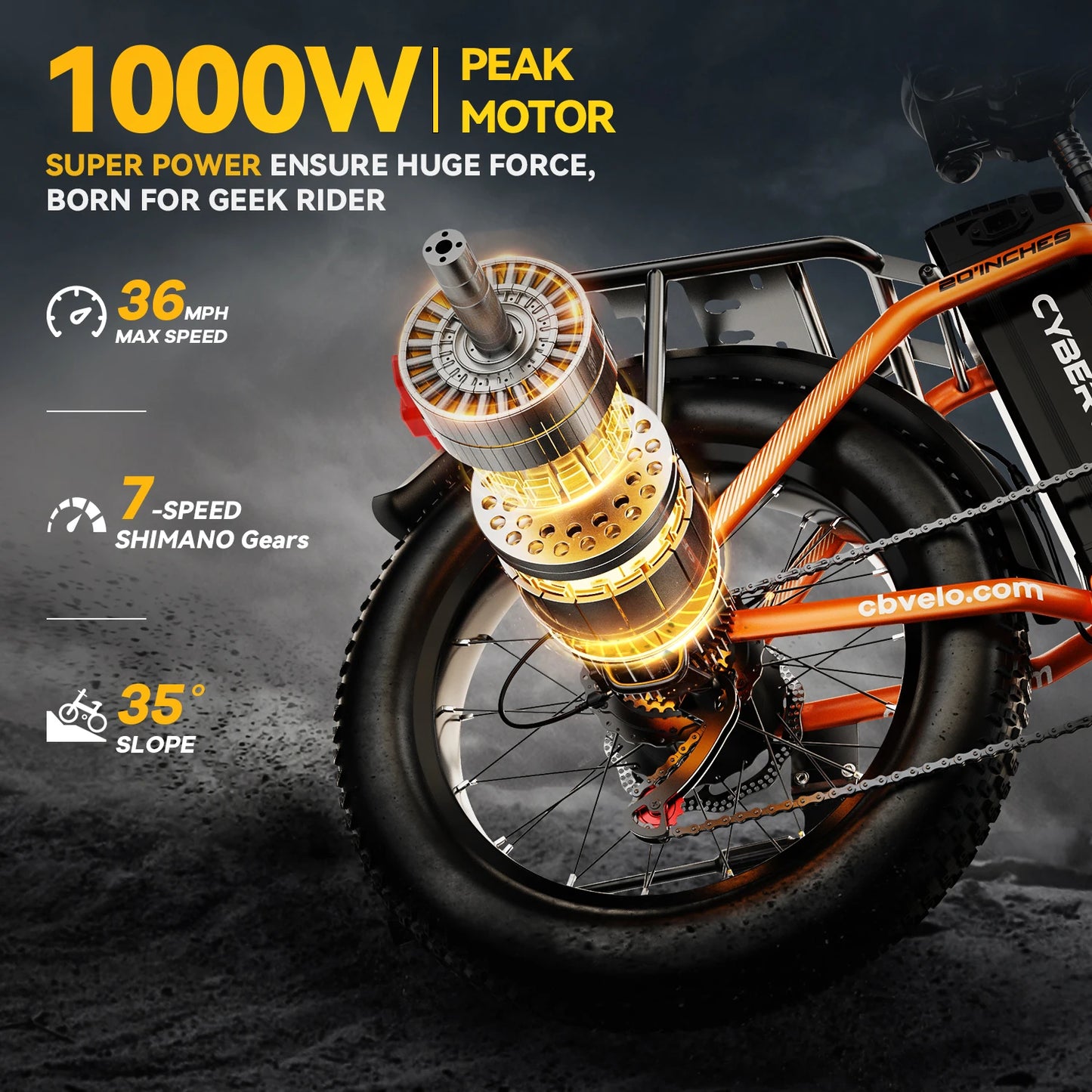 1000W Electric Bike for Adults Cybervelo EK4 Folding 48V 20.8Ah/50Ah 30+MPH 80Miles 20" Fat Tire 7-Speed Off Road E-bike