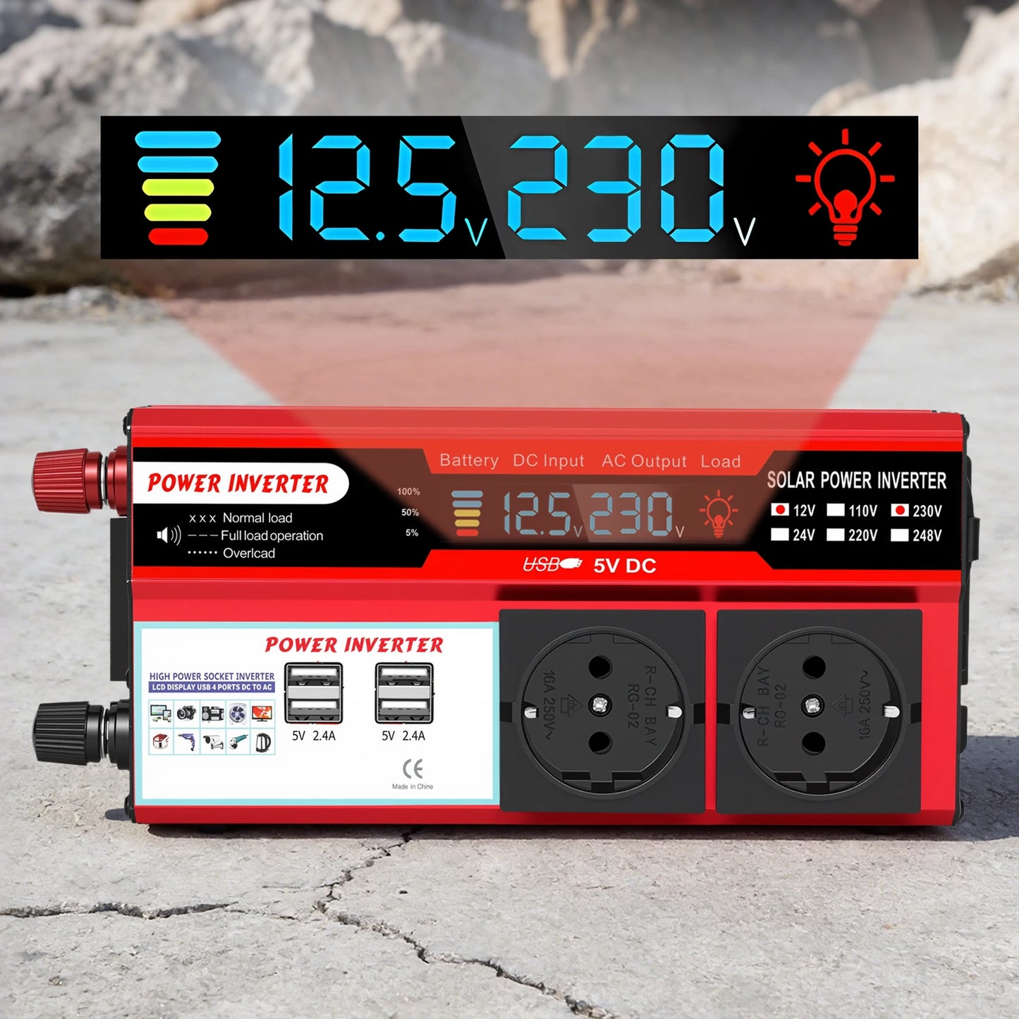 5000W Car Power Inverter Pure Sine Wave Solar 60Hz Converter LCD Screen Display DC 12V To AC 220V Portable Power Supply