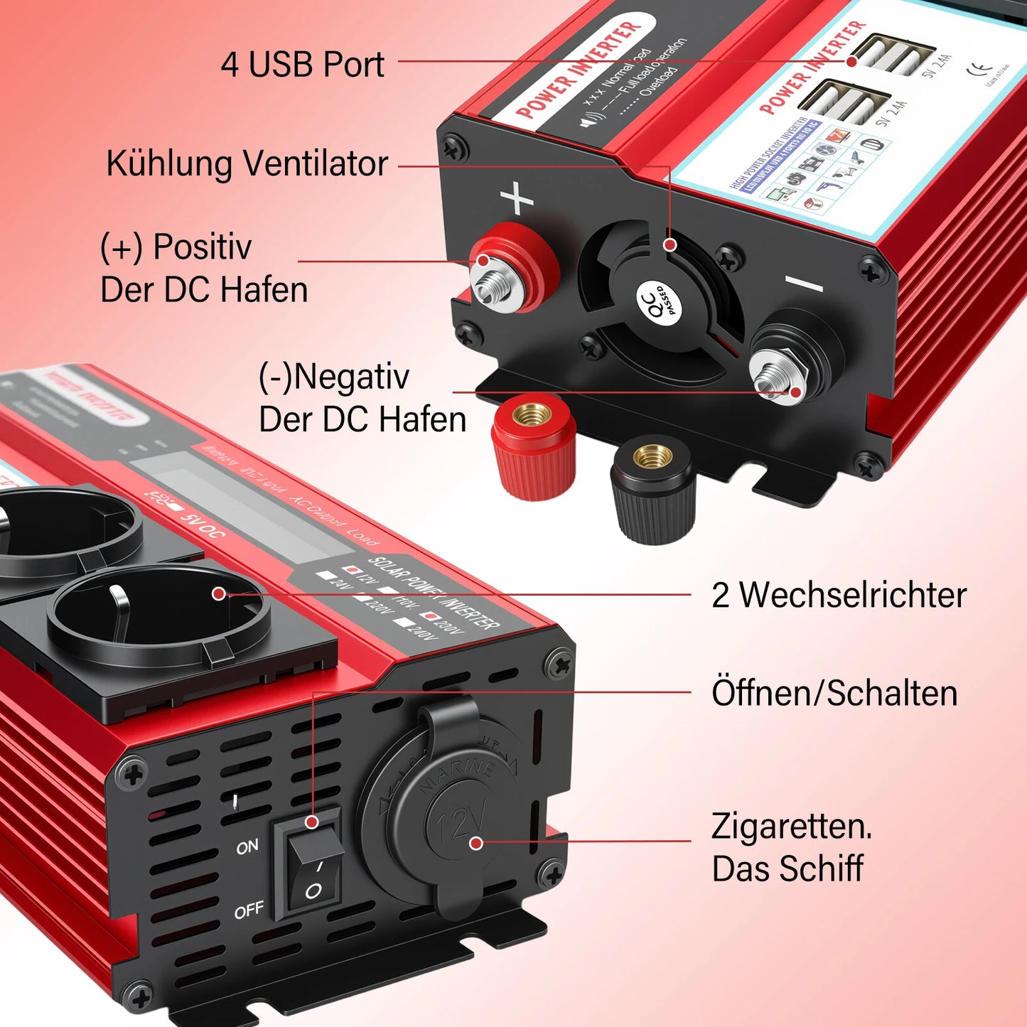 5000W Car Power Inverter Pure Sine Wave Solar 60Hz Converter LCD Screen Display DC 12V To AC 220V Portable Power Supply